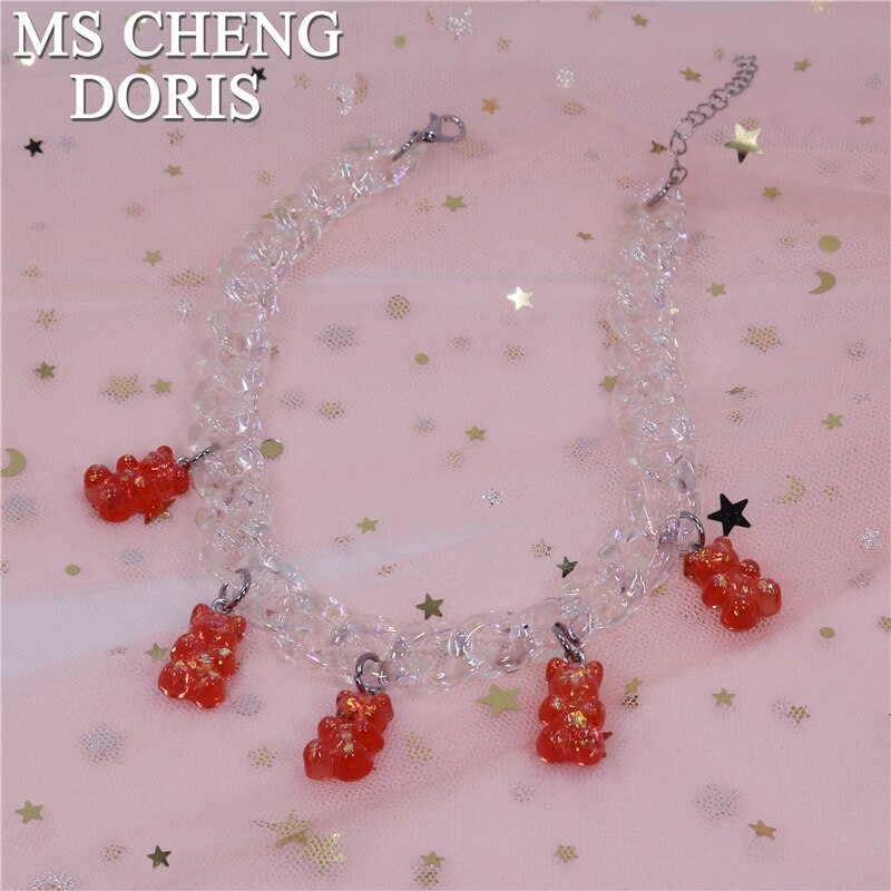 Statement Acrylic Chain Multicolor Transparent Bear Necklace Bohemian Summer Cute Candy Color Resin Gummy Bear Collar Necklaces