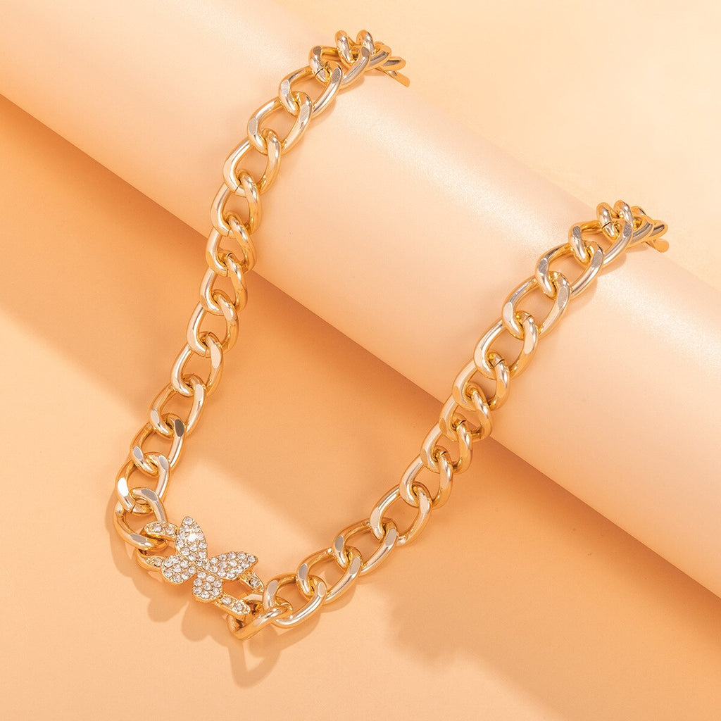 Statement Cuban Link Butterfly Choker Necklace Gold Color Crystal Clavicle Necklace for Women Cuban Chain Rhinestones Jewelry