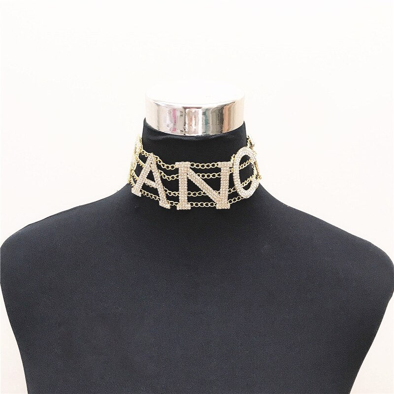 Statement FANCY Rhinestone Letter Choker Necklace for Women Minimalist Gold Crystal Alphabet Necklace Pendant Jewelry
