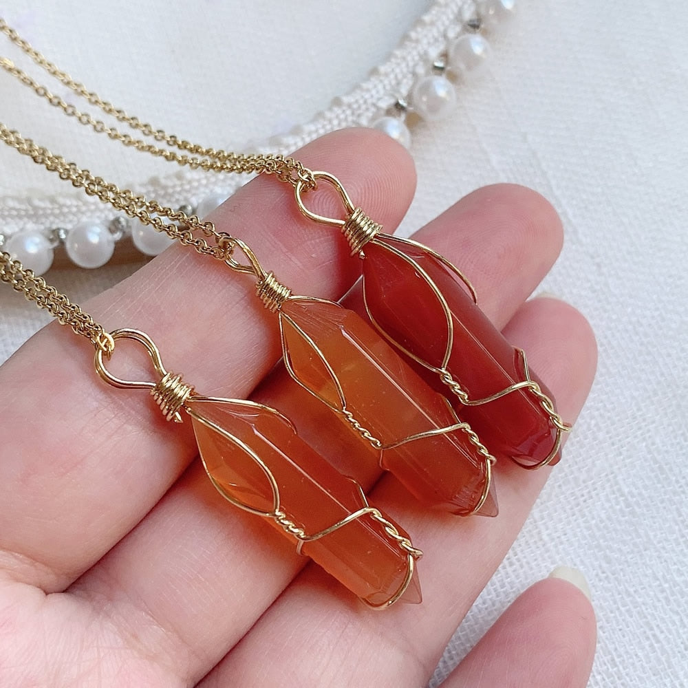 Steel Chain Natural Stone Pendant Necklace for Women Wire Wrap Hexagonal Pointed Carnelian Red Agates Crystal Pendulum Necklace