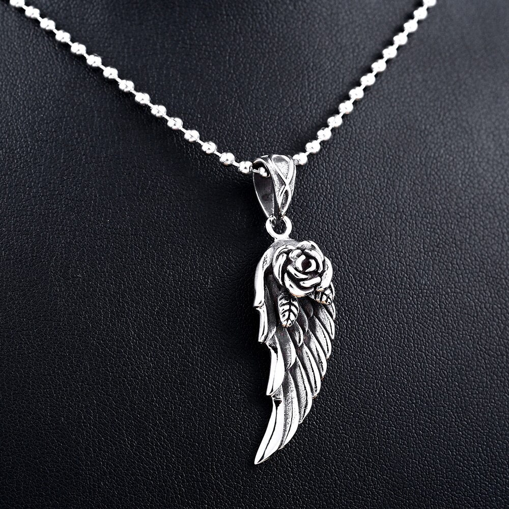 Steel soldier Rose flower feather pendant necklace stainless steel  jewelry