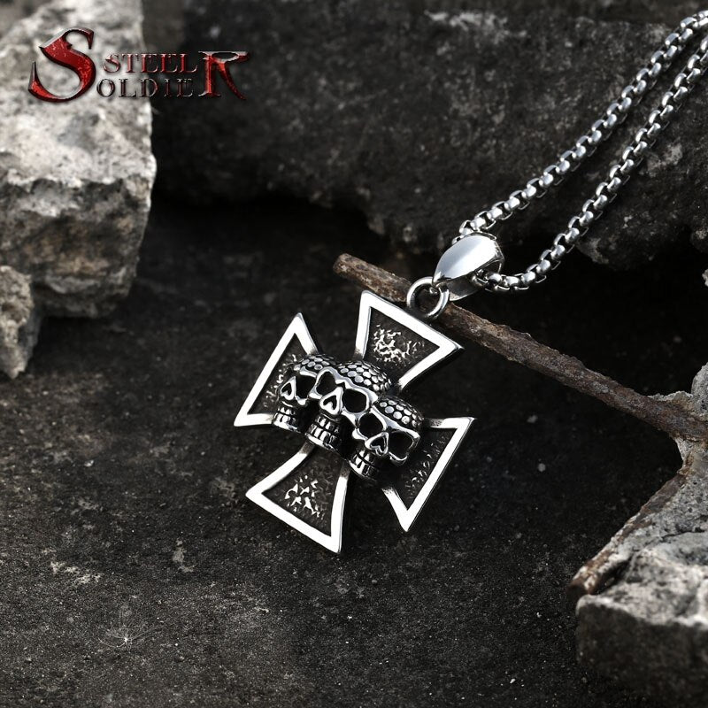 Steel soldier Stainless Steel 3 skull  Pendant Chain Necklace men punk cross biker Jewelry