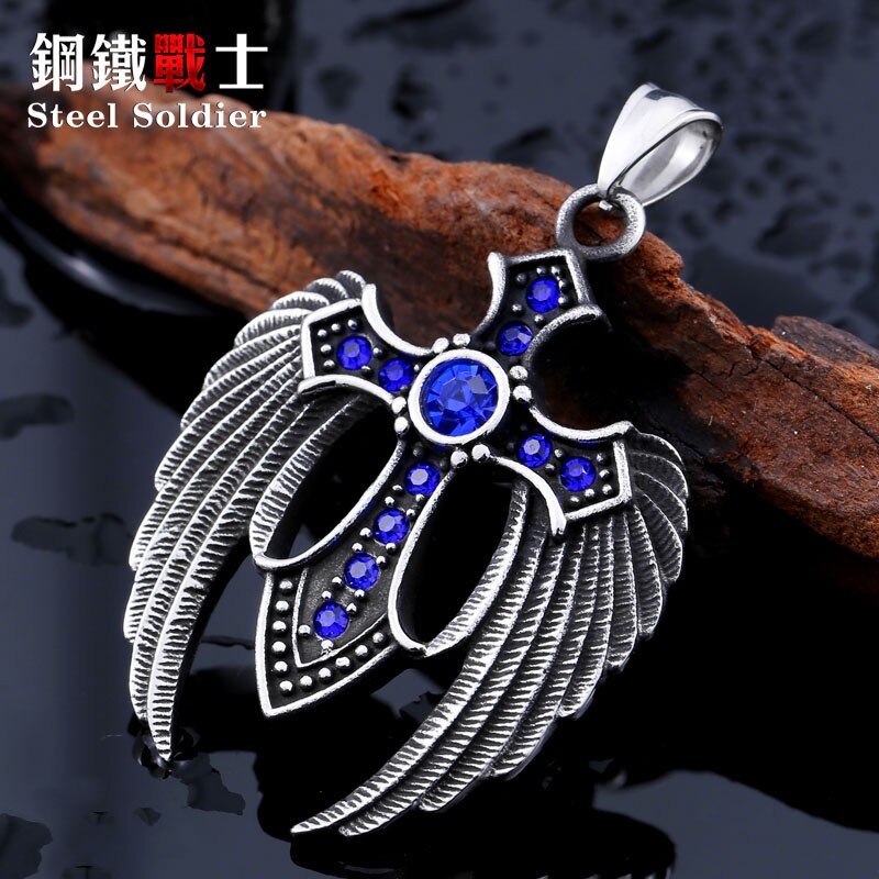 Steel soldier Stainless Steel Wing Cross Stone Pendant For Man Vintage Jewelry trendy accessory