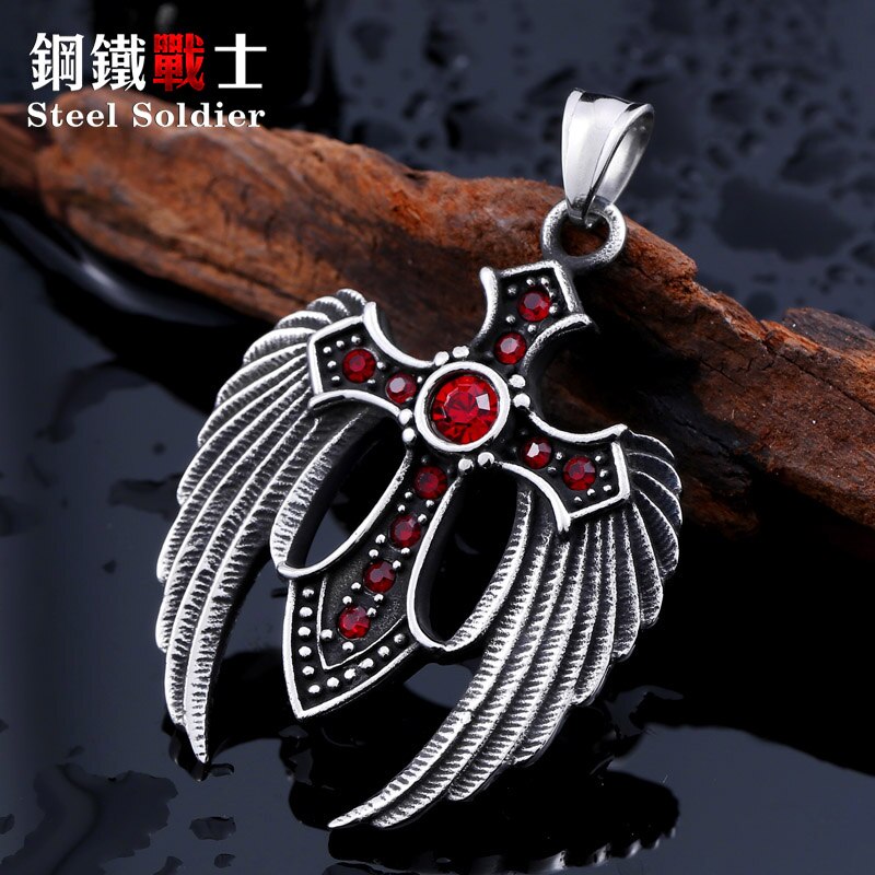 Steel soldier Stainless Steel Wing Cross Stone Pendant For Man Vintage Jewelry trendy accessory