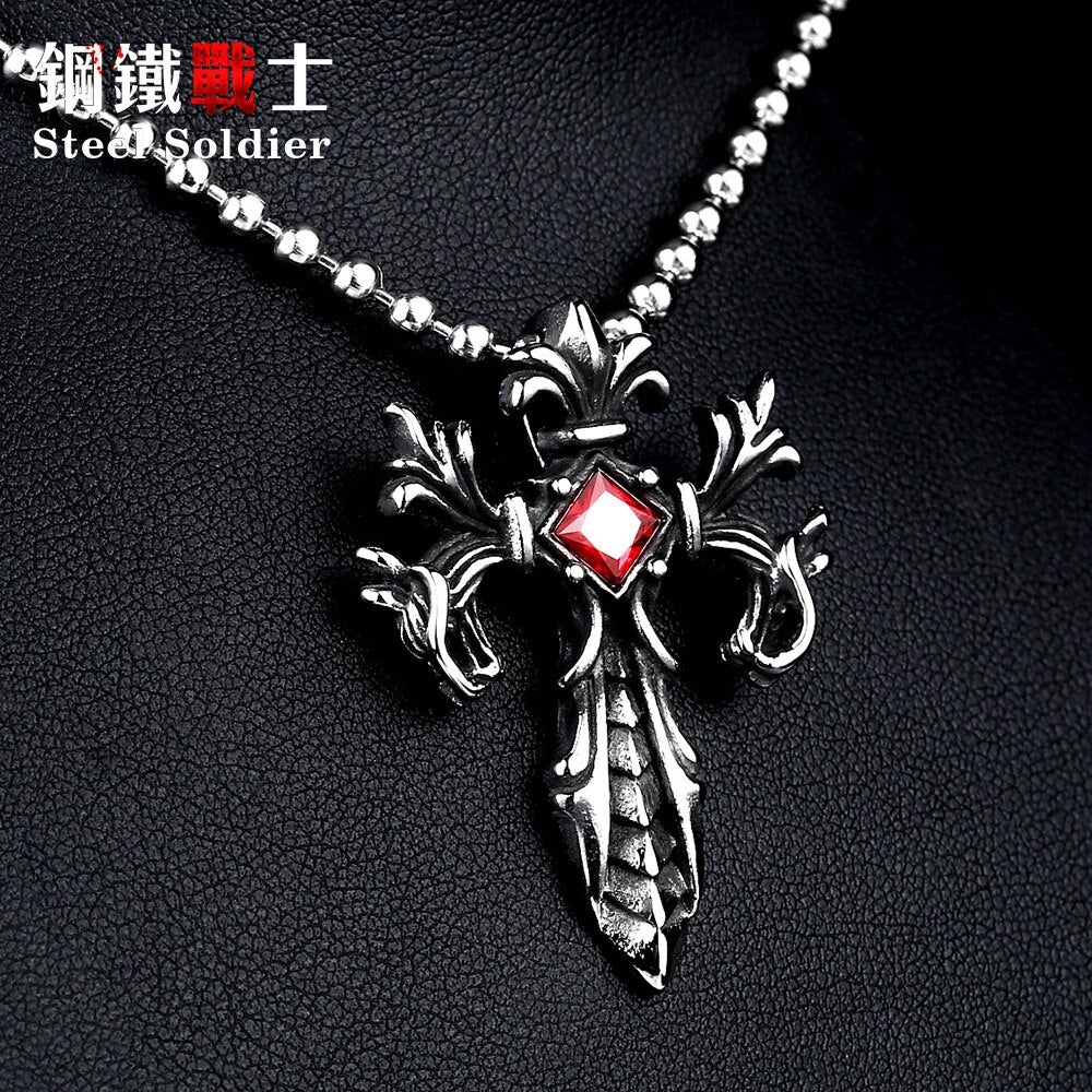 Steel soldier  Jewelry Charm Necklace Pendants Red & Black CZ Cross Jewelry woman and Man stone Sword
