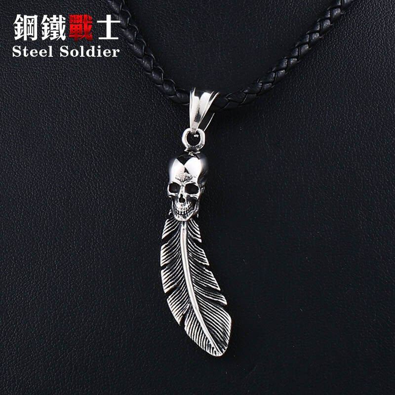 Steel soldier special deal skull feathers pendant stainless steel necklace chain jewelry accessories for women