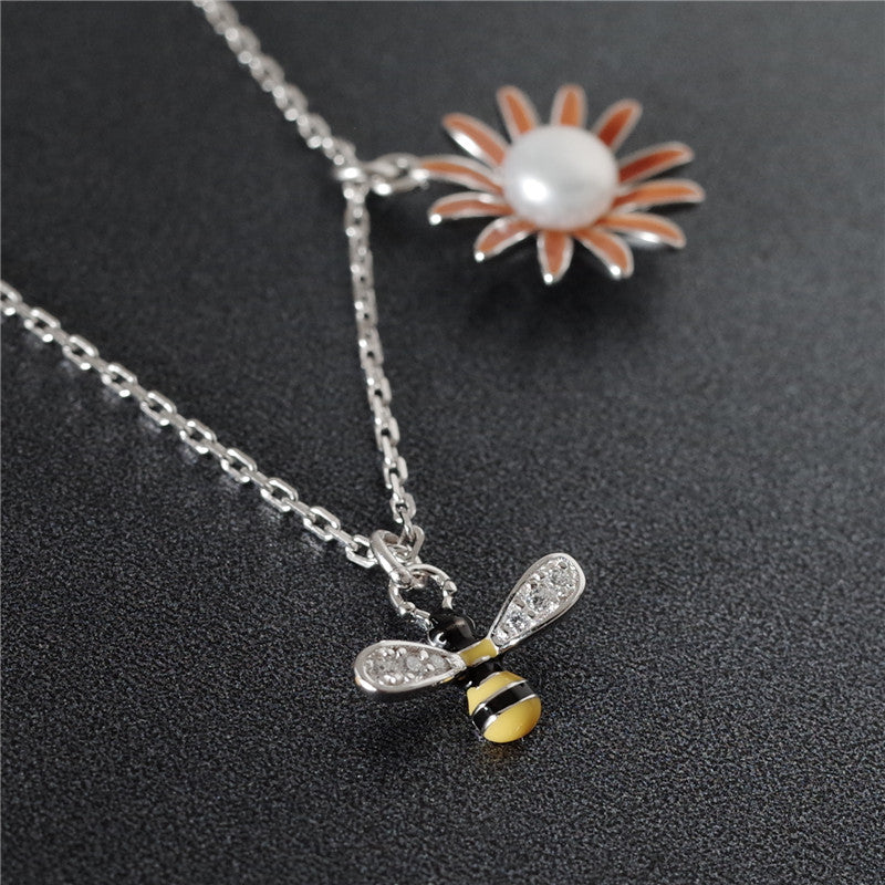 Sterling 925 silver bee sunflowers necklace red color pearl flowers zircon bee double pendants necklace for women jewelry charms