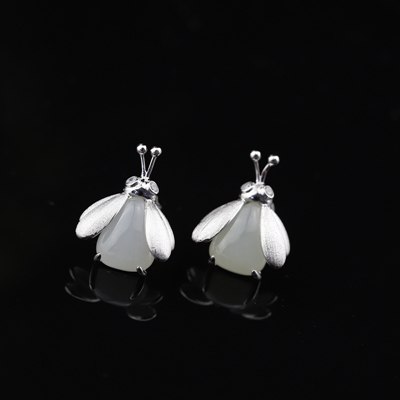 Sterling 925 silver insect jade earrings silver handmade fly insect natural white jade stud earrings for women jewelry charms