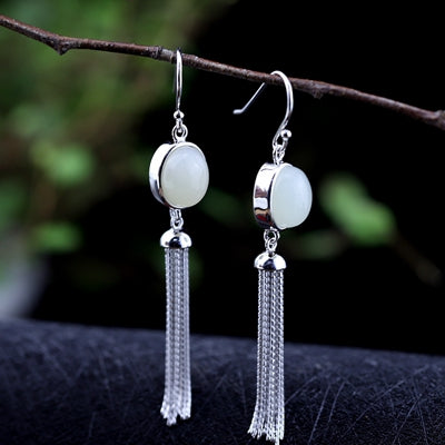 Sterling 925 silver jasper jade earrings green white handmade tassel natural China jade drop earrings for women jewelry charms