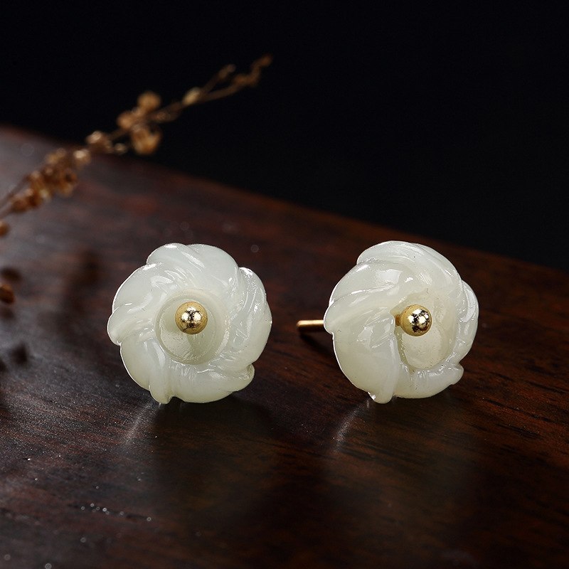 Sterling 925 silver mosaic hetian natural white jade plum blossom stud earrings simple design earrings for women fashion jewelry