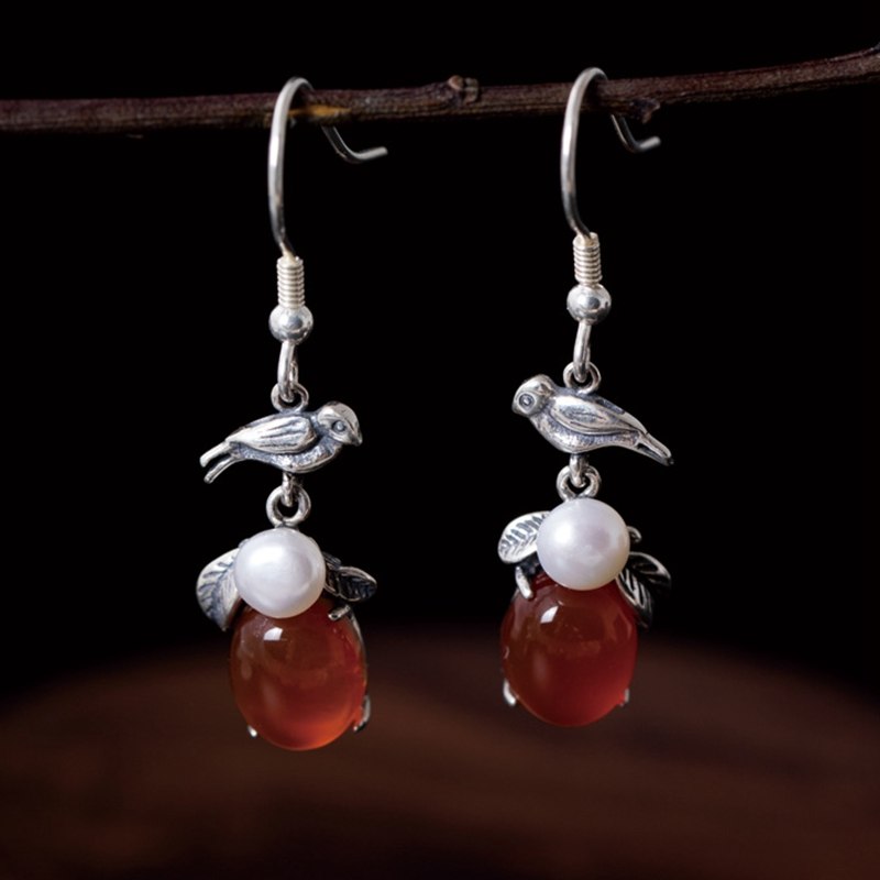 Sterling 925 silver pearl agate drop earrings handmade DIY natural red agate vintage birds earrings for women handmade jewelry
