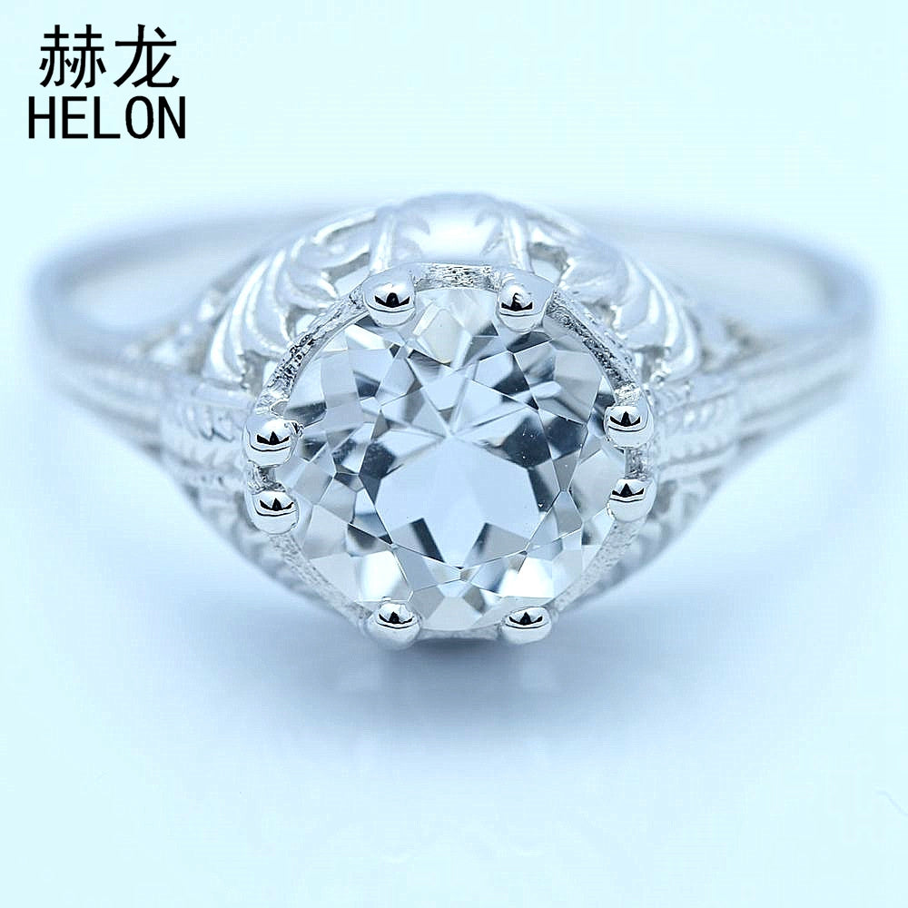Sterling Silver 925 8mm Round Cut White Topaz Ring Art Deco Engagement Vintage Antique Engrave Wedding Ring For Women