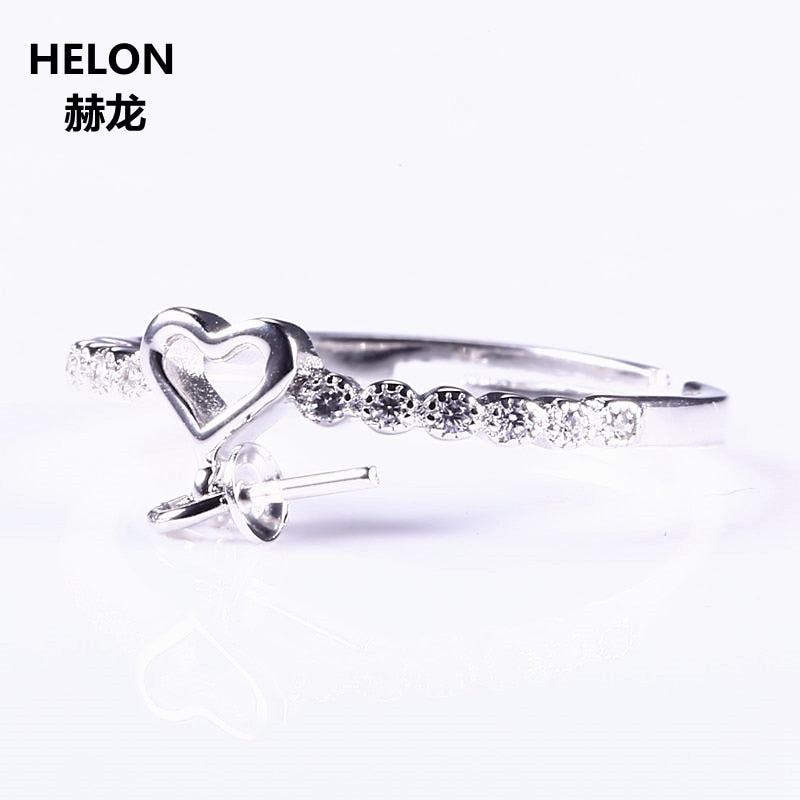 Sterling Silver 925 Pearl or Round Bead 6-9mm Crystal Engagement Semi Mount Ring White Gold Color Romantic Heart Shape