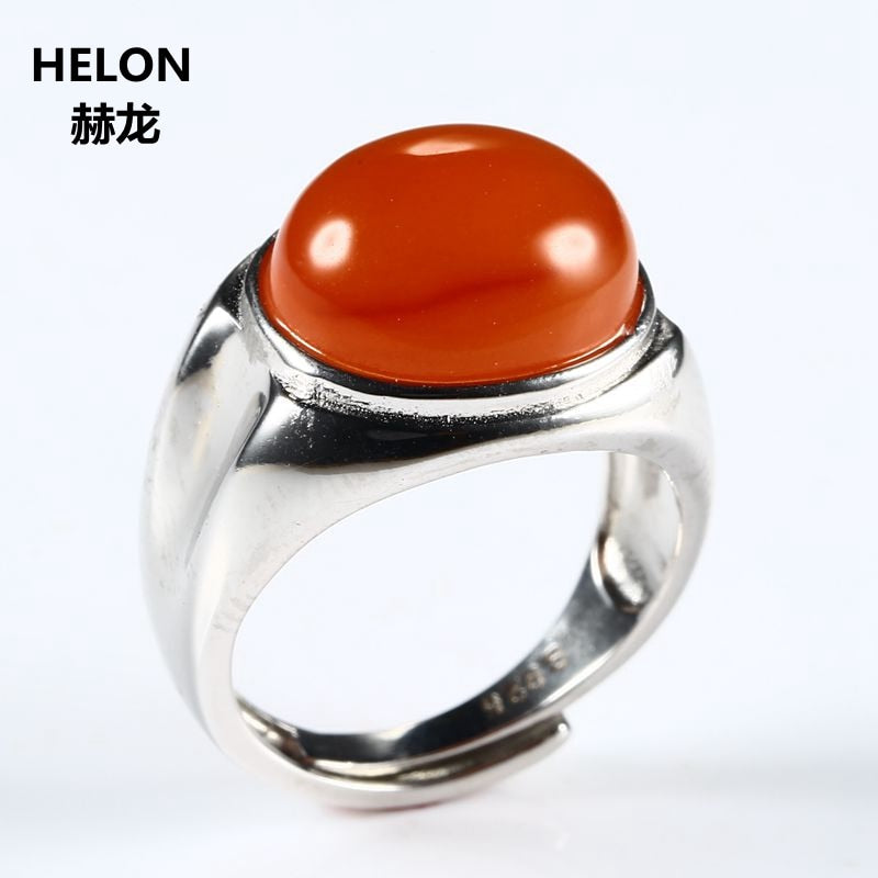 Sterling Silver 925 White Gold Color Natural Agate Engagement Wedding Ring Oval Cabochon 11x13mm Fine Jewelry Adjustable