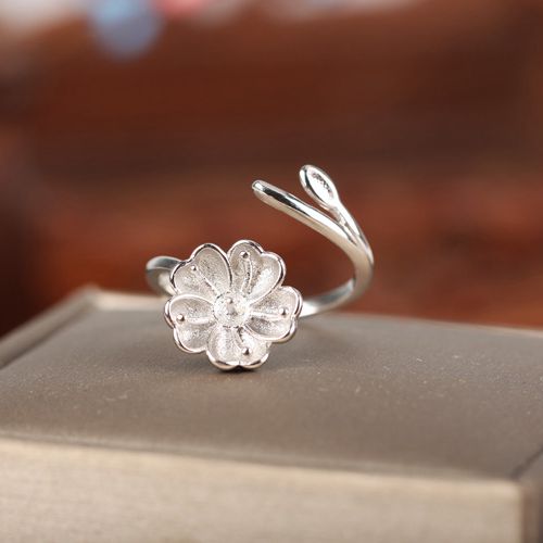 Sterling Silver 925 Women Enagement Wedding Anniversary Ring Flower Semi Mount for 6-8mm Pearl or Round Bead Adjustable Open