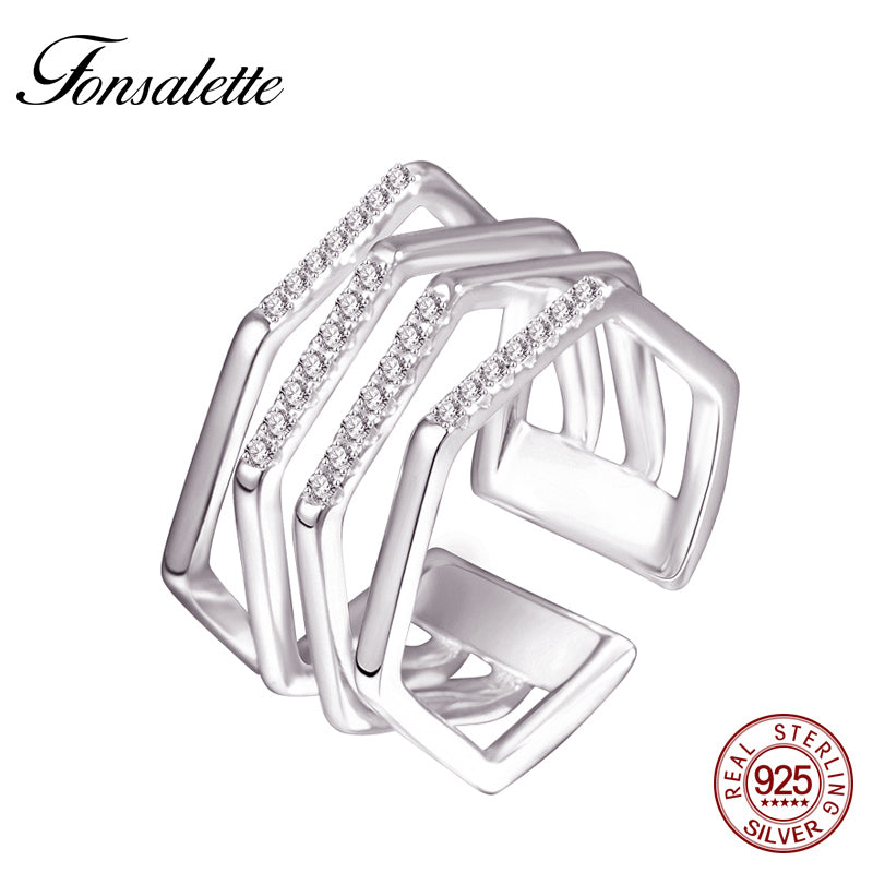 Sterling Silver Gold Tone Cubic Zirconia Wide Band Ring Multi-layer Row Rings Geometric Statement Ring Morter's D Gift ZK30