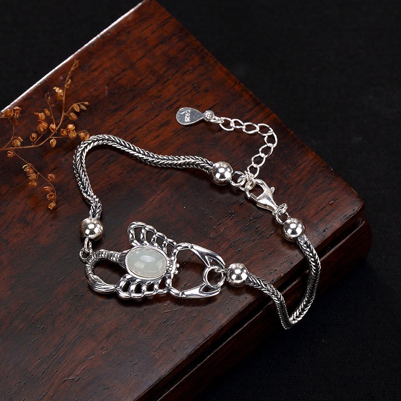 Sterling Silver Natural Hetian jade white jade Scorpio retro Thai silver personality high-end lady Bracelet