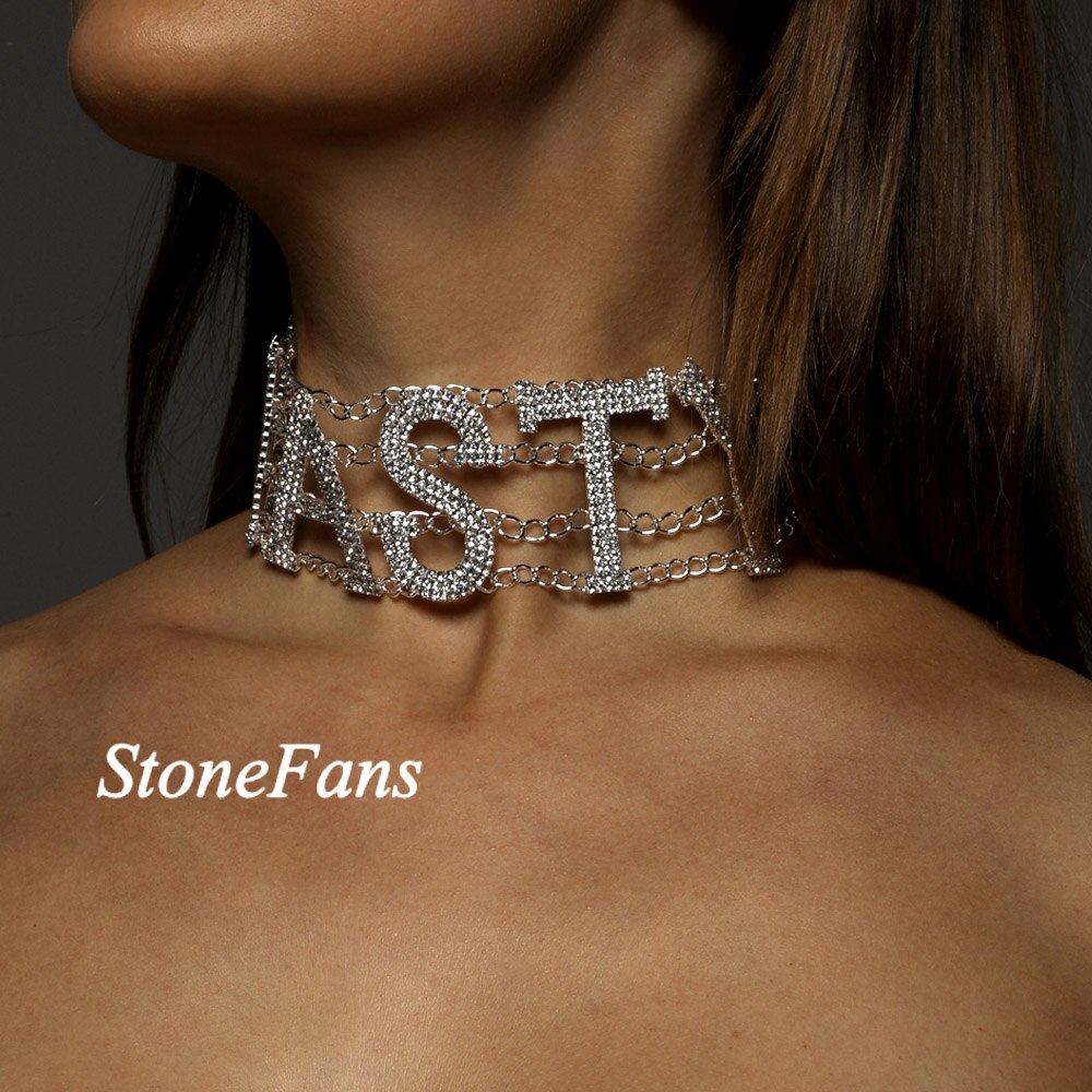 StoneFans NASTY Big Letter Choker Necklace Women SEXY FANCY RICH Rhinestone Statement Necklace 2021 Big Necklaces Chunky Jewelry