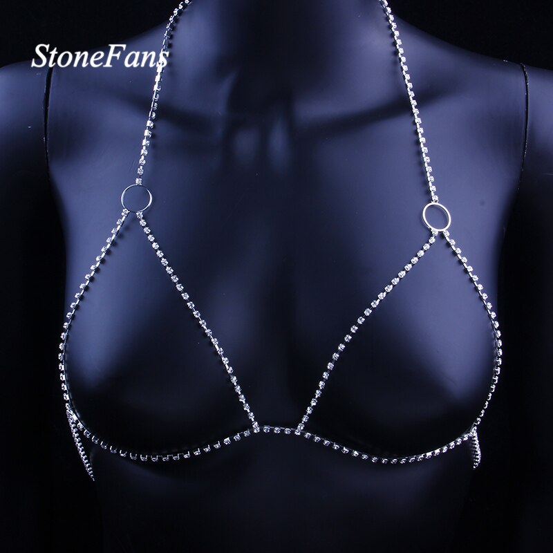 StoneFans Simple Circle Crystal Body Chain Sexy Breast Bra Harness Necklace Rhinestone Chest Chain Bra Body Jewelry for Women