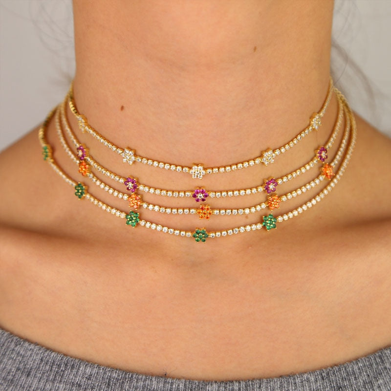 Stonefans  Flower Rhinestone Necklace Gold Chain for Women Statment Colorful Flower Necklace Choker Tennis Chain Jewelry