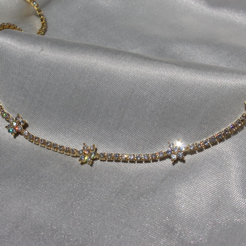 Stonefans  Flower Rhinestone Necklace Gold Chain for Women Statment Colorful Flower Necklace Choker Tennis Chain Jewelry