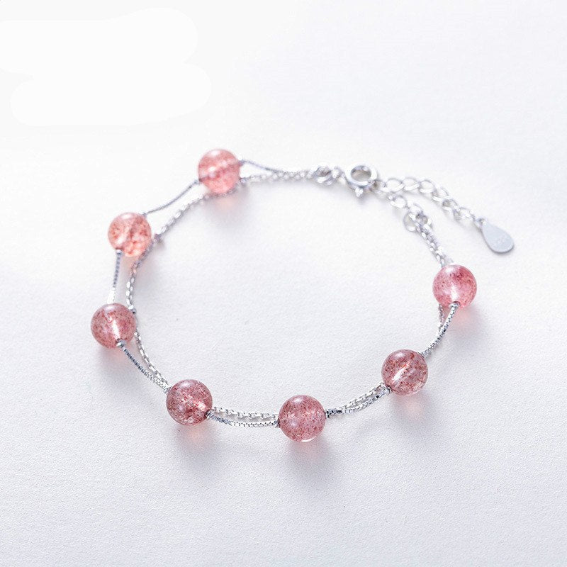 Strawberry Quartz Crystal Charm Bracelet Double Layer Pink Bangle Bracelet Jewelry Gifts for Girls