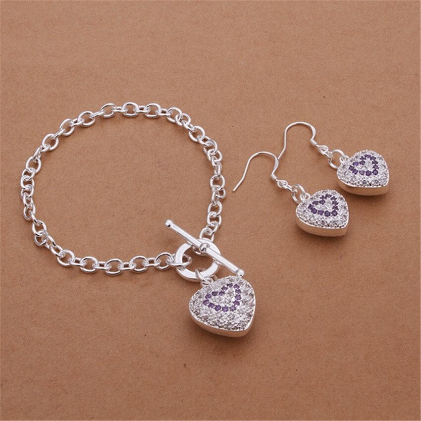Street all-match 925 Sterling Silver romantic heart crystal earrings bracelets Jewelry sets for women Party wedding Gift
