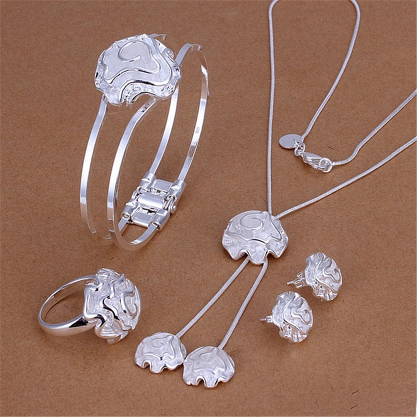 Street all-match 925 sterling Silver flower bangle rings Bracelet necklace stud earring for women Jewelry set Party gift