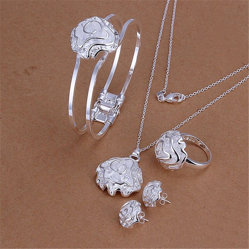 Street all-match 925 sterling Silver rose flower bangle Bracelet necklace ring earring stud Jewelry set for women gifts