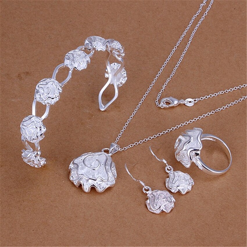 Street all-match woman 925 sterling Silver rose flower bangle Bracelets rings Pendant necklaces earring Jewelry set gift