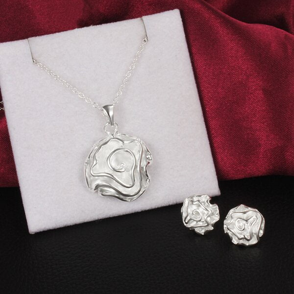 Street 925 Sterling Silver custom rose flower Pendant stud earrings necklace for women wedding Party Jewelry set gifts