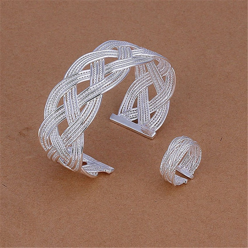 Street 925 Sterling Silver wide Weave rings Bracelets bangles Jewelry set for woman adjustable size wedding Party gifts