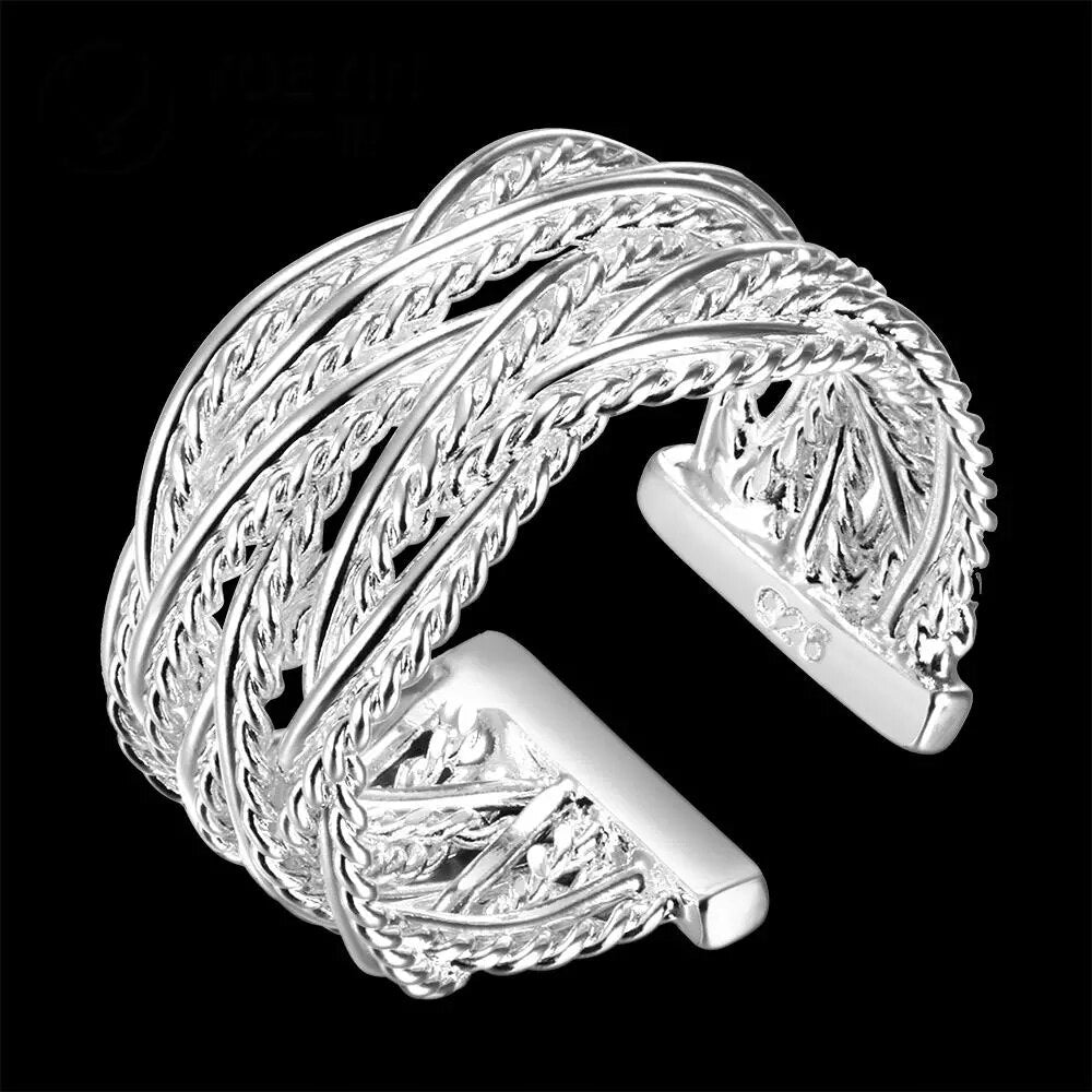 Street 925 Sterling Silver wide Weave rings Bracelets bangles Jewelry set for woman adjustable size wedding Party gifts