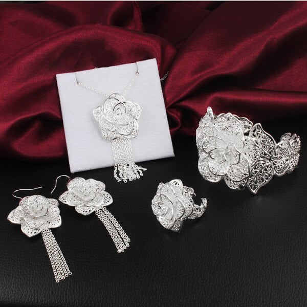 Street 925 sterling Silver Pretty flower Pendant bangle earrings ring bracelet necklace Jewelry set for women party Gift