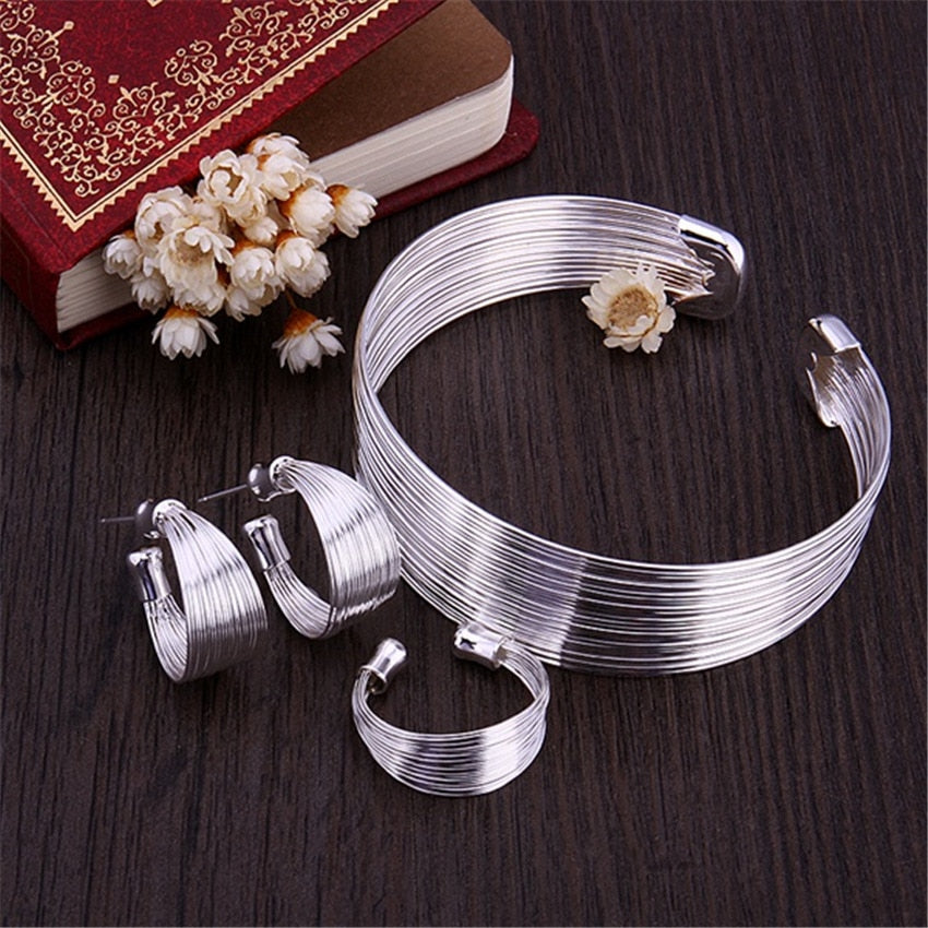 Street 925 sterling Silver Vintage Multi-line earring ring Bracelet bangle for women Jewelry set fine Party custom gifts