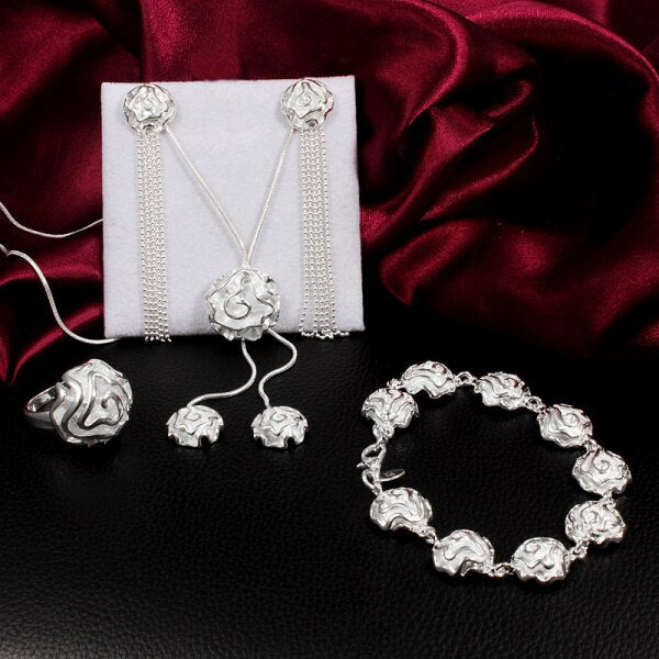 Street 925 sterling Silver charm Rose flower rings necklace bracelet earrings Jewelry set for Women Party wedding gifts