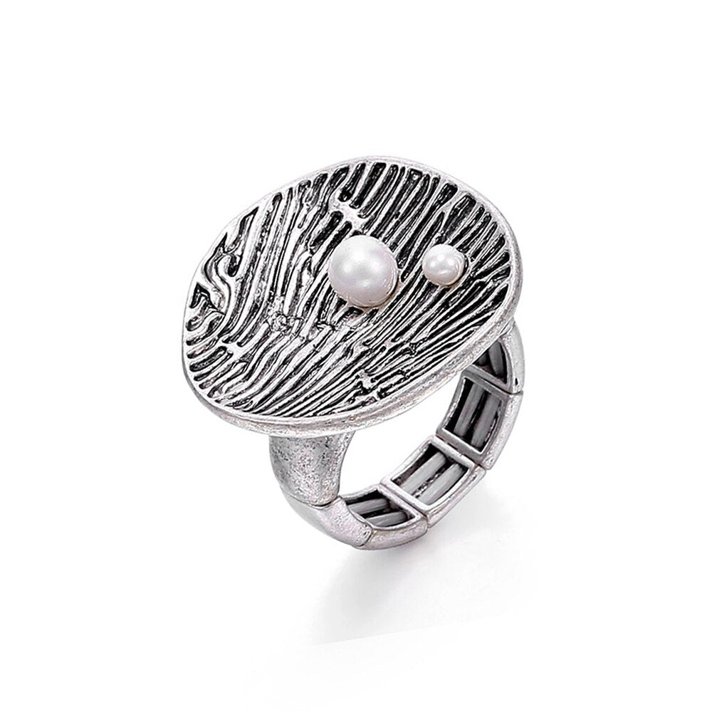 Striped Personality Ring For Woman Man Retro Silver Color Adjustable Elastic Rope Finger Ring With Pearl Vintage Jewelry Gifts