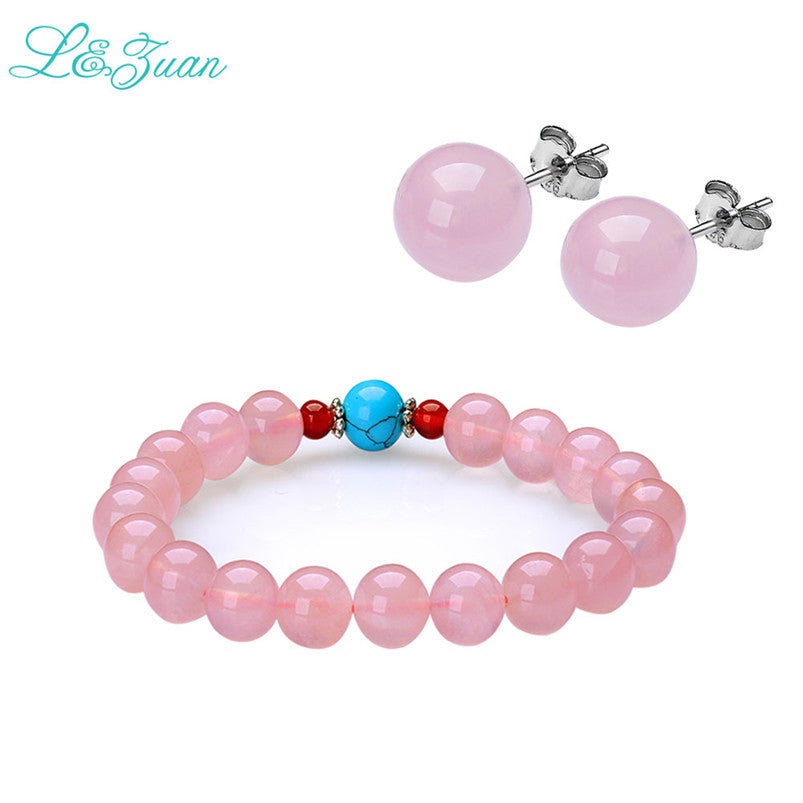 Stud Earrings & Bracelet Set For Women Sterling Silver Jewelry Pink Natural Rose Quartz Fine Jewelry Set for Girls Party Gift