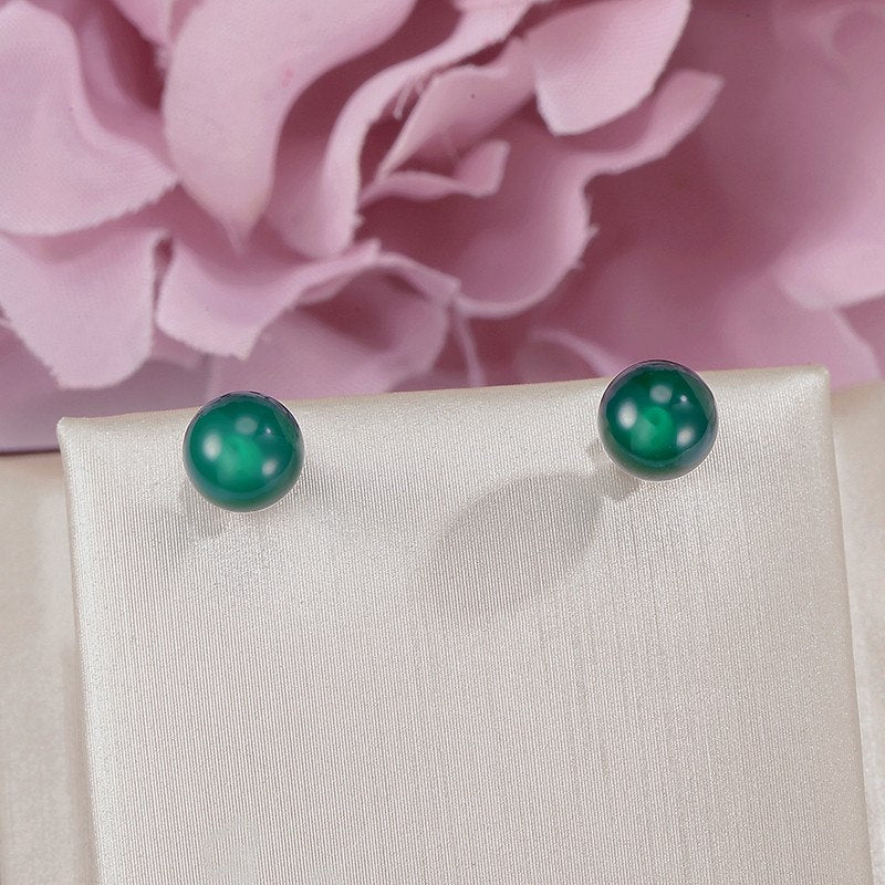Stud Earrings For Women Fine Jewelry S925 Sterling Silver Natural 6-8mm Agate Green Round Gemstone Wedding Brincos Top Quality