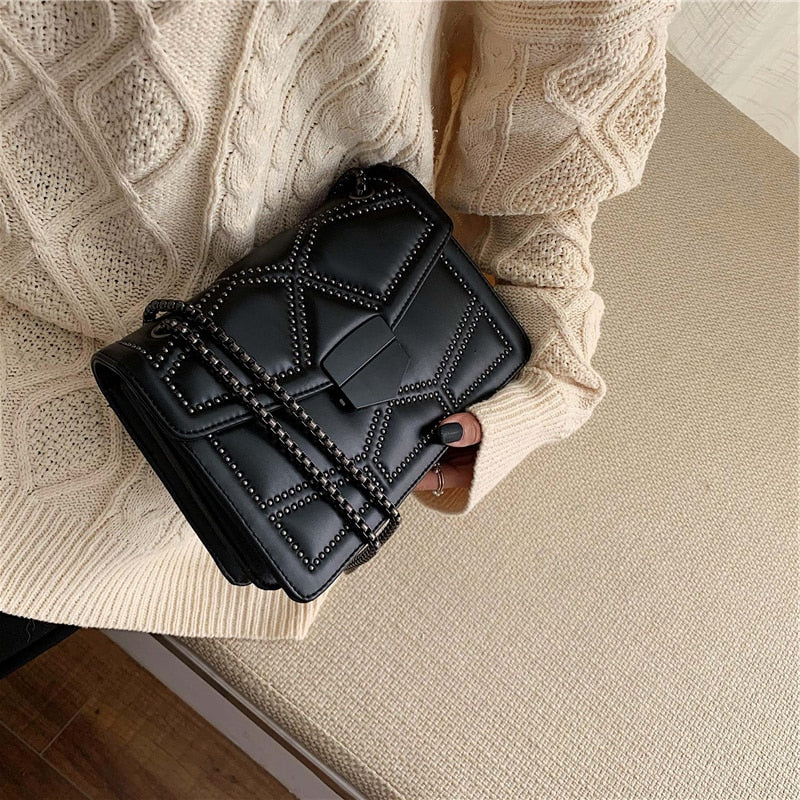 Studded Rivet Chain Brand PU Leather Crossbody Bags For Women 2022 hit Simple Shoulder Bag Lady  Small Handbags