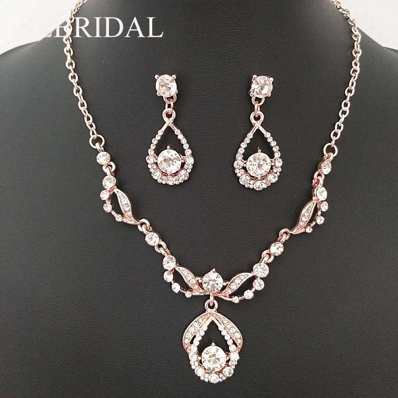 Stunning Silver & Rose Gold Clear Rhinestones Crystals Wedding Jewelry Set Bridal Necklace Earrings Set Party Jewelry Sets Women