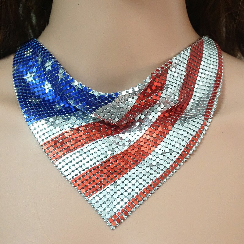 Stylish and exaggerated metallic sequins, pentagonal stripe flag necklace personality holiday party ethnic style necklace