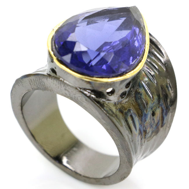 Sublime Antique 18x13mm Drop Shape Iolite Man Black Gold 925 Silver Ring 23x20mm