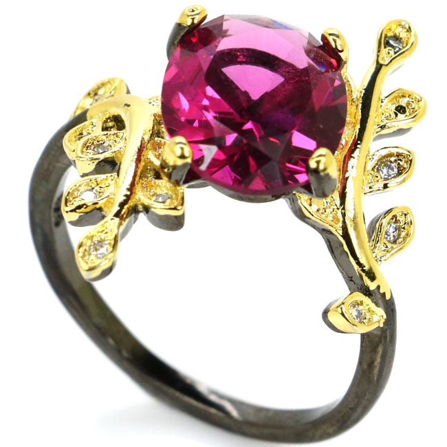 Sublime Antique Pink Tourmaline White CZ Woman's Black Gold 925 Silver Ring 25x20mm