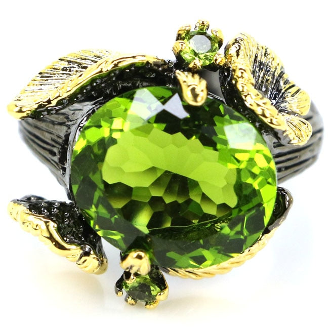 Sublime Antique Vintage Green Peridot Ladies Gift Black Gold 925 Silver Ring 21x20mm