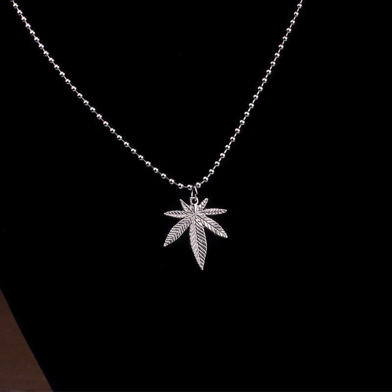 Summer Autumn Beads Chain Maple Leaf Necklace Natural Silver Color Metal Hemp Leaf Pendant Charm Necklace for Women