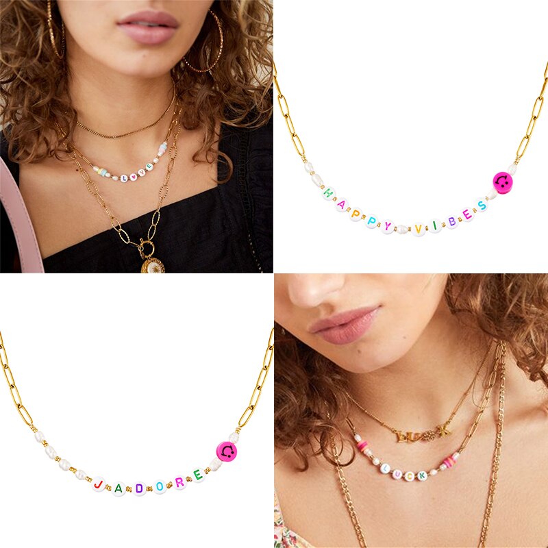 Summer Beach Pearl Handmade Chain Necklace For Lovers' Couples Valentine's Day Gift Colorful Letter Choker Necklaces Jewerly