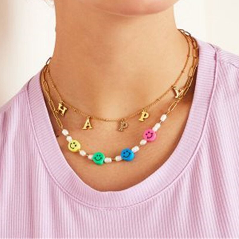 Summer Beach Pearl Handmade Chain Necklace For Lovers' Couples Valentine's Day Gift Colorful Letter Choker Necklaces Jewerly