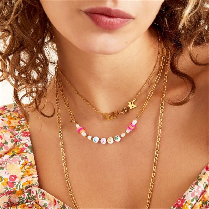 Summer Beach Pearl Handmade Chain Necklace For Lovers' Couples Valentine's Day Gift Colorful Letter Choker Necklaces Jewerly