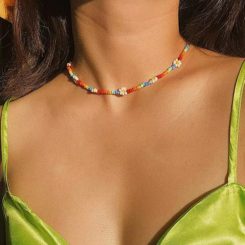 Summer Boho Colorful Daisy Resin Seeds Beads Necklaces Handmade Collar Clavicle Choker Statement Collares for Women Jewelry